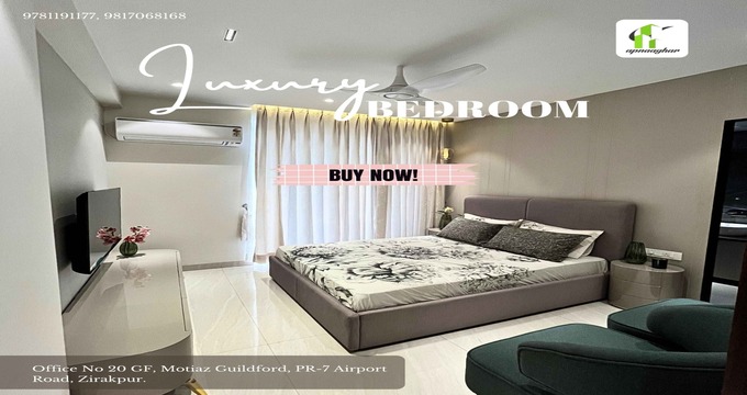 Luxurious bedroom design in a modern 3+1 BHK independent floor, Zirakpur. Explore premium interiors and stylish layouts at apnaaghar.com or call 9781191177 for details.
